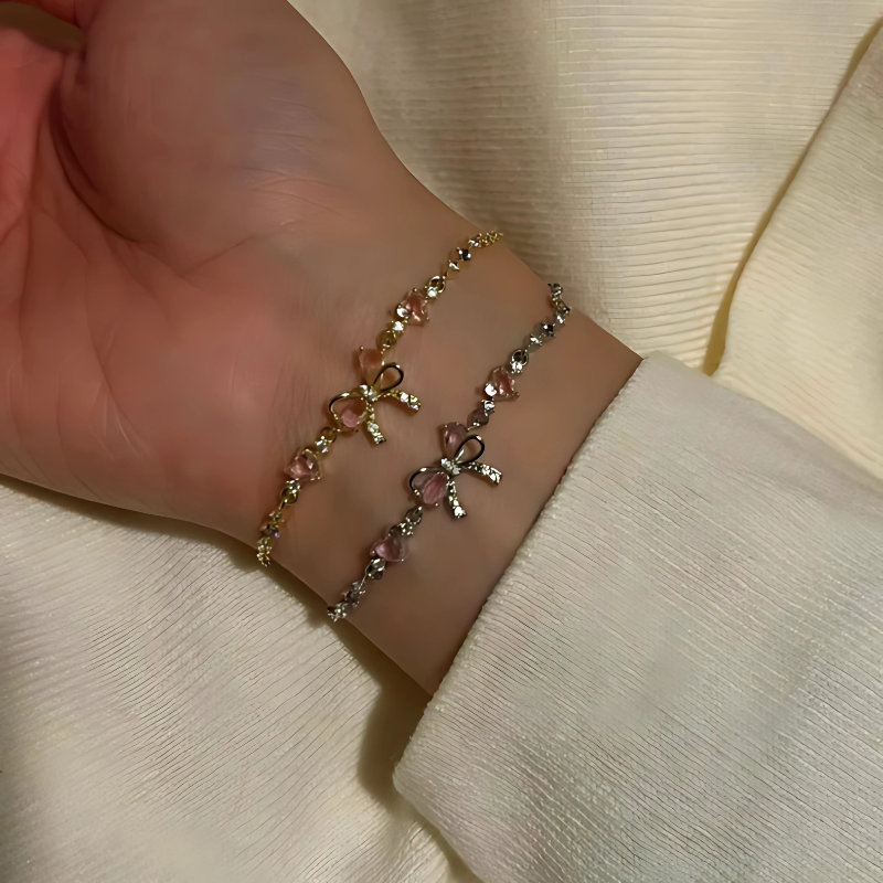 Pink Zircon Bow Knot Love Heart Chain Bracelet