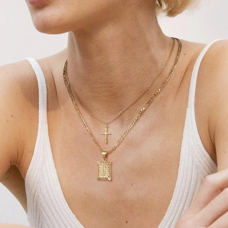 2pc 14k Initial & Cross Necklace Set