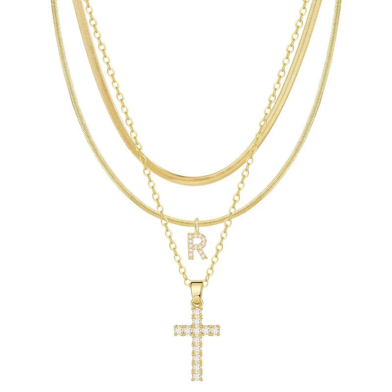 3pc 14k Diamond Accented Initial & Cross Necklace Set