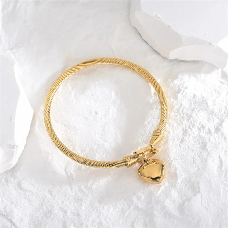 Gold Heart Pendant Charm Bangle Bracelet