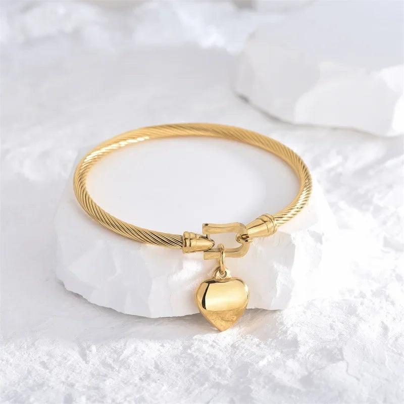 Gold Heart Pendant Charm Bangle Bracelet