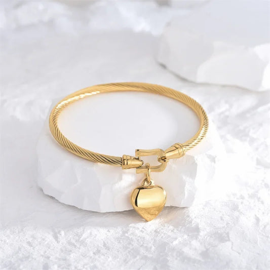 Gold Heart Pendant Charm Bangle Bracelet