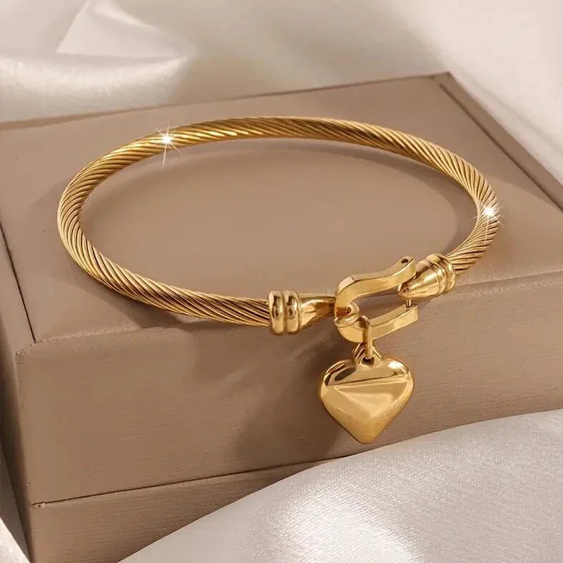 Gold Heart Pendant Charm Bangle Bracelet